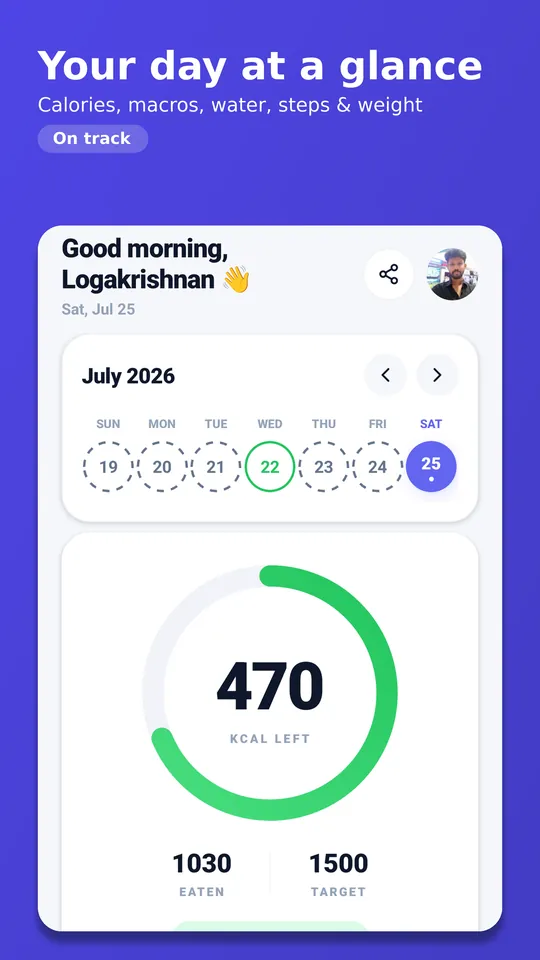The NutriLog AI dashboard: calories left in a single ring with protein, carbs and fat as bars, plus water, steps and weight.